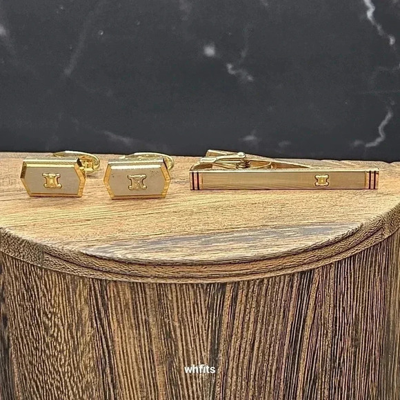 Celine Gold and Silver Tone Cufflinks and Tie Bar Set - Picture 1 of 6